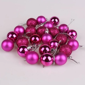 Detail of 24 rose pink Christmas ornaments in glossy, matte, and glitter finishes
