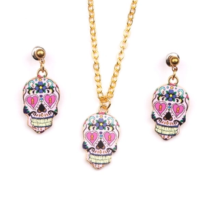Vibrant Mexican sugar skull necklace and earrings jewelry set in colorful punk style