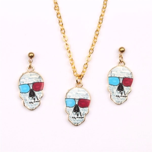 Punk style skull jewelry set with 3D glasses necklace and earrings in gold finish