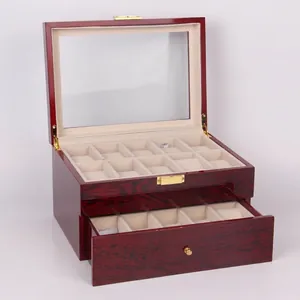 15-slot dual-layer glossy wooden watch box with glass lid and drawer in mahogany finish