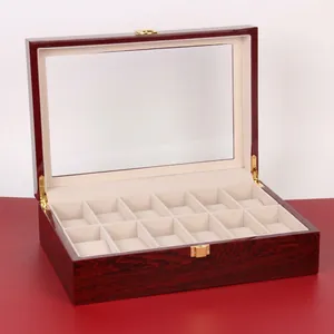 Classic 12-slot wooden watch storage box with glossy mahogany finish and glass top lid