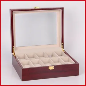 Premium 10-slot wooden watch display box with mahogany gloss finish and glass lid