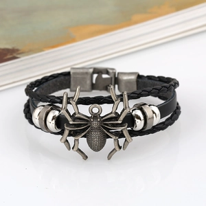 Punk black multilayer leather bracelet for men featuring a detailed alloy spider pendant