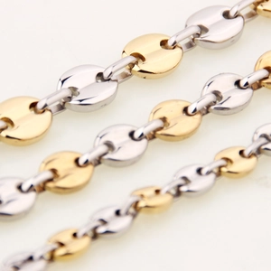Men's two-tone gold and silver coffee bean pig nose chain necklace in polished steel