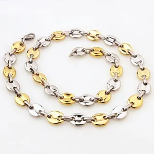 7mm-11mm two-tone silver and gold coffee bean link chain necklace in stainless steel
