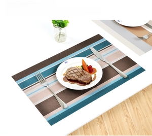 Close-up of striped woven PVC placemats in brown and blue for heat resistant dining