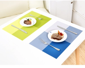Close-up of woven Teslin placemats in green-yellow and blue-light blue color blocks