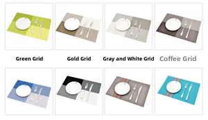 Detail view of eight woven PVC placemats in various colors with dinnerware for table decor