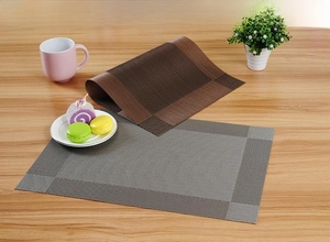 Close-up of woven PVC placemats with heat-resistant texture in brown and grey