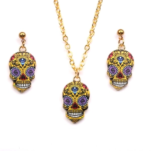 Punk style skull jewelry set with colorful floral pattern necklace and stud earrings