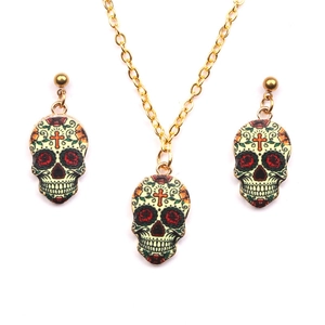 Skull Necklace Earring Set Alloy Enamel Day Of The Dead Sugar Skull Halloween Punk Party Jewelry For Women Men