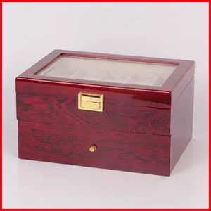 Double-layer wood watch storage box with glossy mahogany finish and glass top