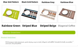 Close-up of PVC placemats in 8 patterns including rainbow and stripes for dining decor