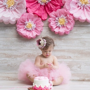 Pink tulle baby dress and gold crown headband at a first birthday cake smash party