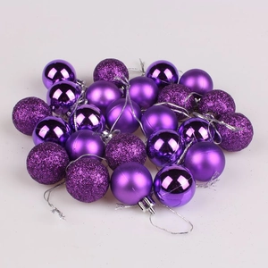 Close-up of 3cm purple Christmas ball ornaments in shiny, matte, and glitter finishes