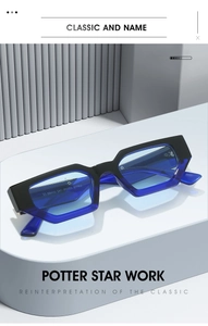Detail view of stylish geometric sunglasses with black and blue dual-tone frame and UV400 marking