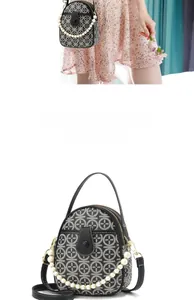 Detail of round crossbody bag with geometric weave pattern and elegant pearl chain
