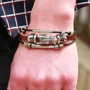 Ethnic dragon head multilayer leather bracelet for men featuring vintage metal accents