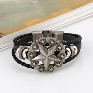 Braided black leather men's bracelet featuring vintage star skull metal clasp charm