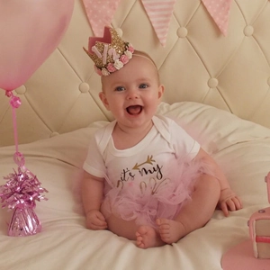 Baby girl half birthday outfit with pink crown headband, tutu skirt and bodysuit