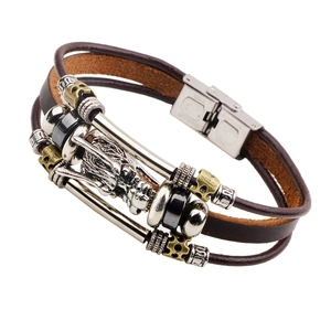 Men's multi-layer brown leather bracelet with stainless steel dragon head charm