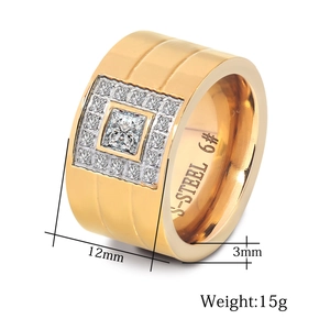Detail of 12mm 18K gold plated stainless steel ring with square zircon setting and size marks