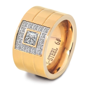 Detail of 18K gold stainless steel ring featuring square zircon inlay and size engraving