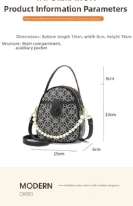 Detail view of mini geometric handbag with pearl strap and 15x8x19cm size dimensions