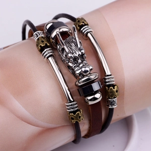 Ethnic dragon head multilayer leather bracelet with silver metal beads in retro punk style