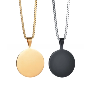 Polished round stainless steel pendants in gold and black with sleek box chain
