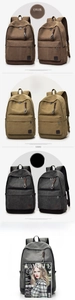 Vertical view showing coffee, khaki, and black canvas backpacks with large front zip pockets