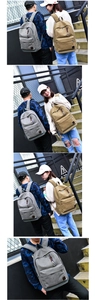 Outdoor lifestyle shot of grey and khaki canvas backpacks showing large capacity for travel