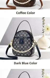 Detail view of mini crossbody bags in coffee and deep blue with pearl handles and logo print
