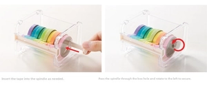 Step-by-step assembly guide for a transparent washi tape dispenser and storage rack