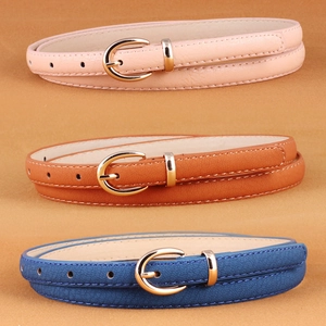 Chic women's PU leather belts with gold oval pin buckles in pink, brown, and navy blue