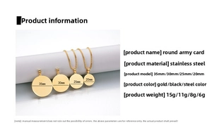 Size chart for stainless steel round dog tags in silver, gold, and black finishes