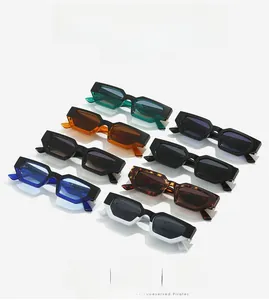 Multiple color options of small rectangular UV400 sunglasses displayed in a neat row