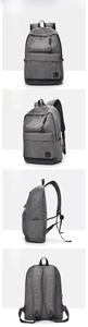 Four-angle view of a grey canvas backpack with brown accents and side pockets