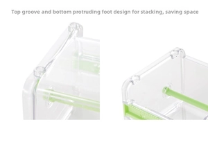 Stackable clear plastic storage box with top grooves and bottom feet for space saving