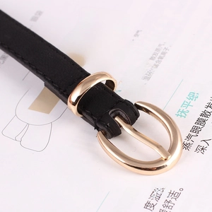 Women's slim black PU leather belt featuring a polished oval gold pin buckle