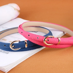 Narrow PU leather belts for women in pink and navy blue with golden oval buckles