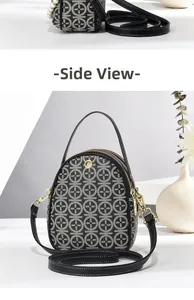 Side view and front view of a retro geometric print mini bag with double gold zippers