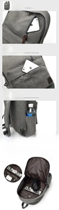Detail view of grey canvas backpack featuring multiple zipper pockets and side bottle holders