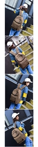Outdoor urban view of models wearing vintage brown canvas backpacks on grey stairs