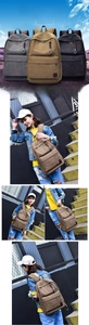 Detailed views of vintage canvas backpacks in grey, khaki, and black colors for travel