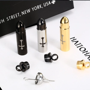 Cross bullet urn necklace for ashes in black, silver, and gold with filling funnel tool set
