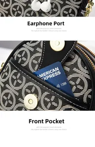 Detail view of the bag with headphone jack, front pocket, and vintage geometric pattern