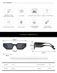 Detailed size chart for unisex rectangle sunglasses with UV400 and PC frame measurements