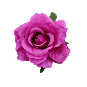 Detailed close-up of a vibrant purple artificial silk rose hair clip with green leaf accents