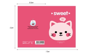 Detailansicht des rosa Cartoon-Katzen-Notizbuchs mit genauen Maßen von 12cm und 17cm